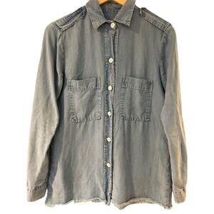 ZARA WOMAN Premium Denim Collection Denim Military Blue Button Down, Size SMALL